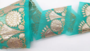 Blue Tissue Fabric Lace Trim with Gota Patti Embroidery, Foiled Embroidery in Silver, Sari Border Trim By Yard Decorative Trim Craft Lace